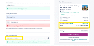 tiqets discount code being entered in Tiqets’ checkout page